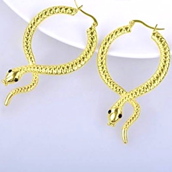 Gold Snake Hoop Earrings 3D Textured Snakes Modern Nature Big Glam Goth Boho New - Picture 3 of 4